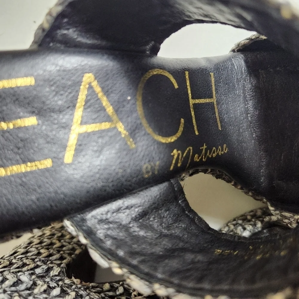 Beach by Matisse Womens |5| Black/Gray Gem Raffia Open Toe Slip-On Platform Heel